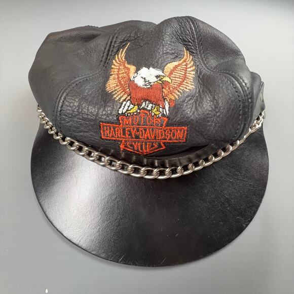 Vintage Harley-Davidson Leather Chain Biker Cap Eagle Patch Made in USA - Picture 1 of 7